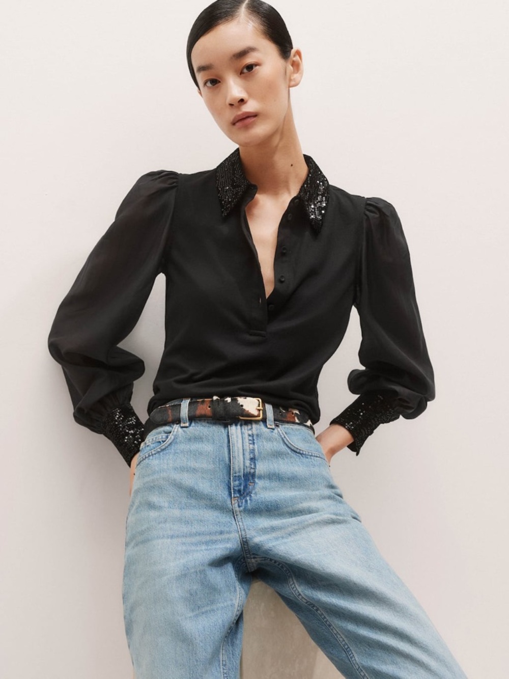 ME+EM Sequin Mixed Media Layering Shirt - Black Sz 12 - Picture 6 of 16